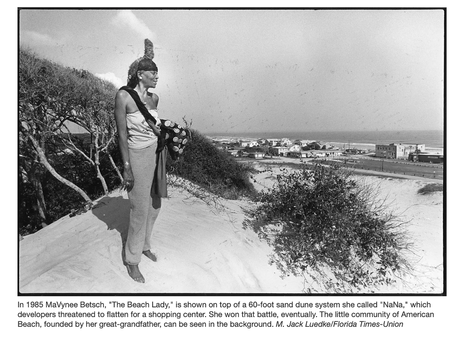 A woman standing on a cliff, overlooking a scenic view with elements like sand, trees, and a beach in the background.